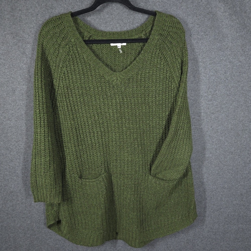 Miracle USA Women's Green Knit Sweater M/L Pullover V-Neck Long Sleeve Pockets